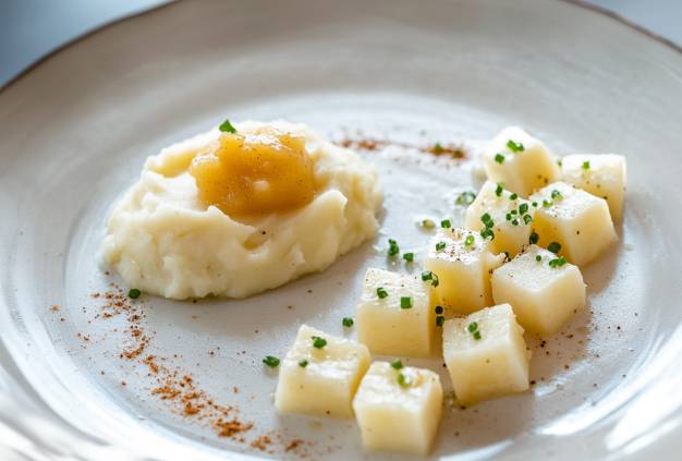 Gedünsteter Kohlrabi mit Kartoffelpüree und Apfelmark