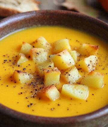 Mild gewürzte Kürbissuppe mit Kartoffelwürfeln