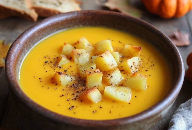 Mild gewürzte Kürbissuppe mit Kartoffelwürfeln