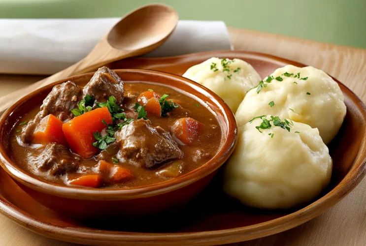 Mildes Gulasch mit Kartoffelknödeln