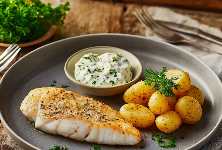 Seelachsfilet mit Kräuterquark und Kartoffeln