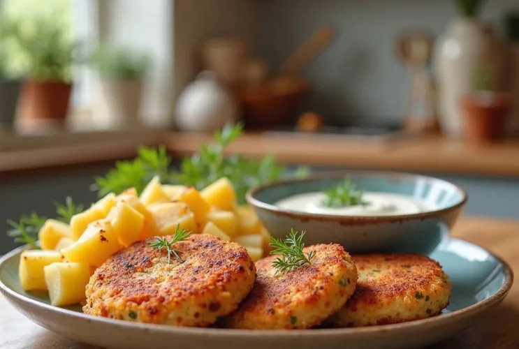 Lachsfrikadellen mitDill-Dip und Kartoffeln