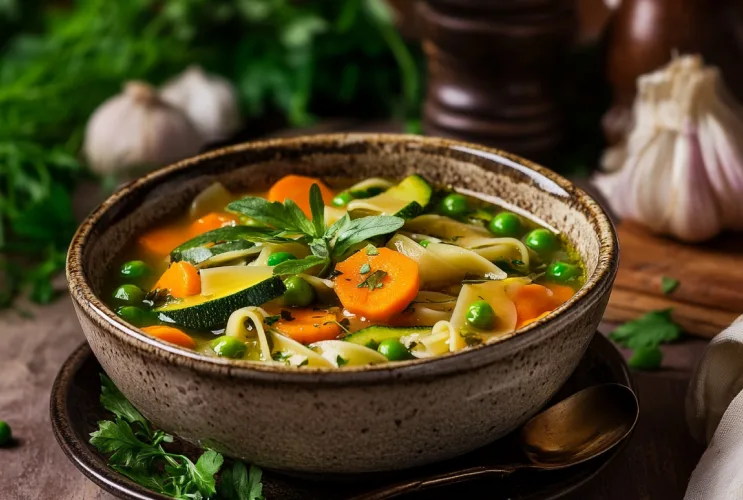 Frühlingssuppe mit Nudeln und Gemüse