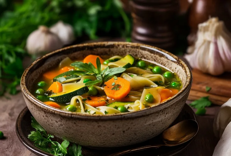 Frühlingssuppe mit Nudeln und Gemüse