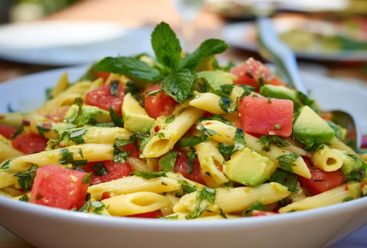 Nudelsalat mit Avocado und Melone