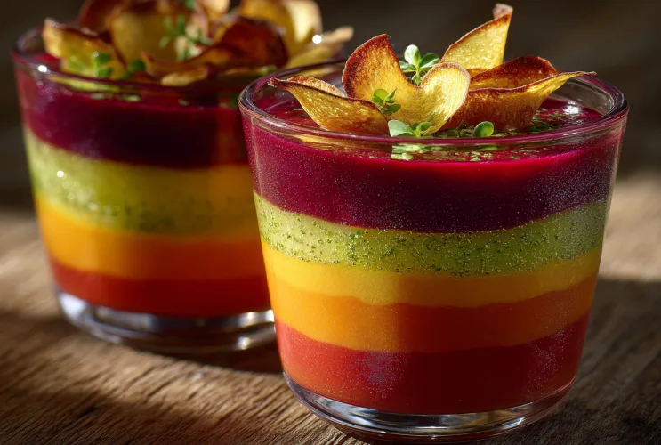 Regenbogen-Gazpacho mit knusprigen Gemüse-Chips