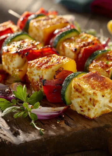 Goldbraune Halloumi-Gemüse-Spieße aus der Heißluftfritteuse
