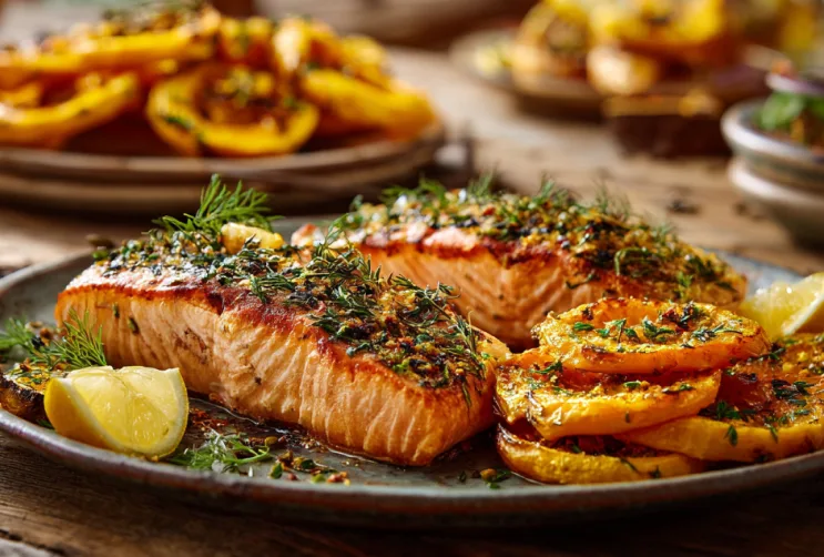 Lachs mit knusprigen Kürbistaler-Chips