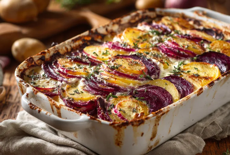 Rote-Bete-Kartoffel-Gratin mit Ziegenkäse