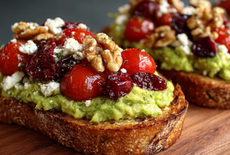 Avocado-Toast mit Feta, Cherrytomaten und Cranberries