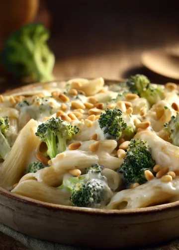Power-Pasta mit cremiger Brokkoli-Käse-Sauce und gerösteten Pinienkernen