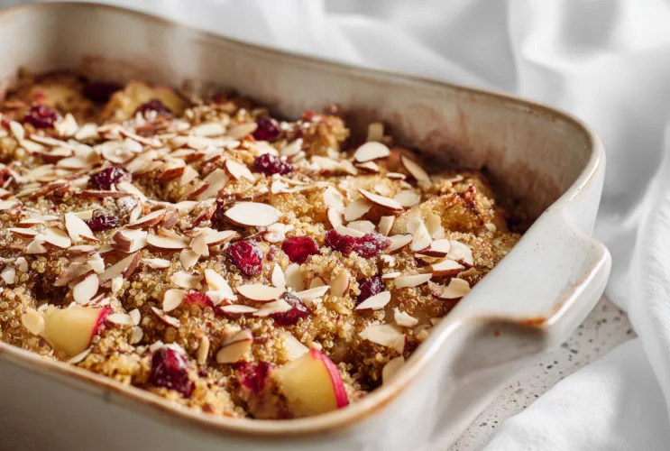 Apfel-Cranberry-Quinoa-Auflauf mit Mandel-Topping